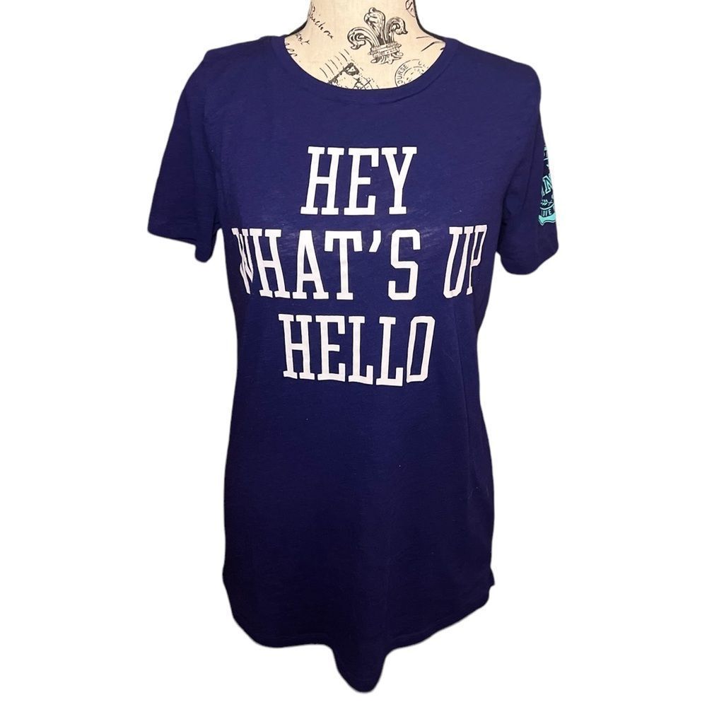 EUC Victoria’s Secret PINK Blue Hey What’s Up Hello Short Sleeve T-Shirt Sz S